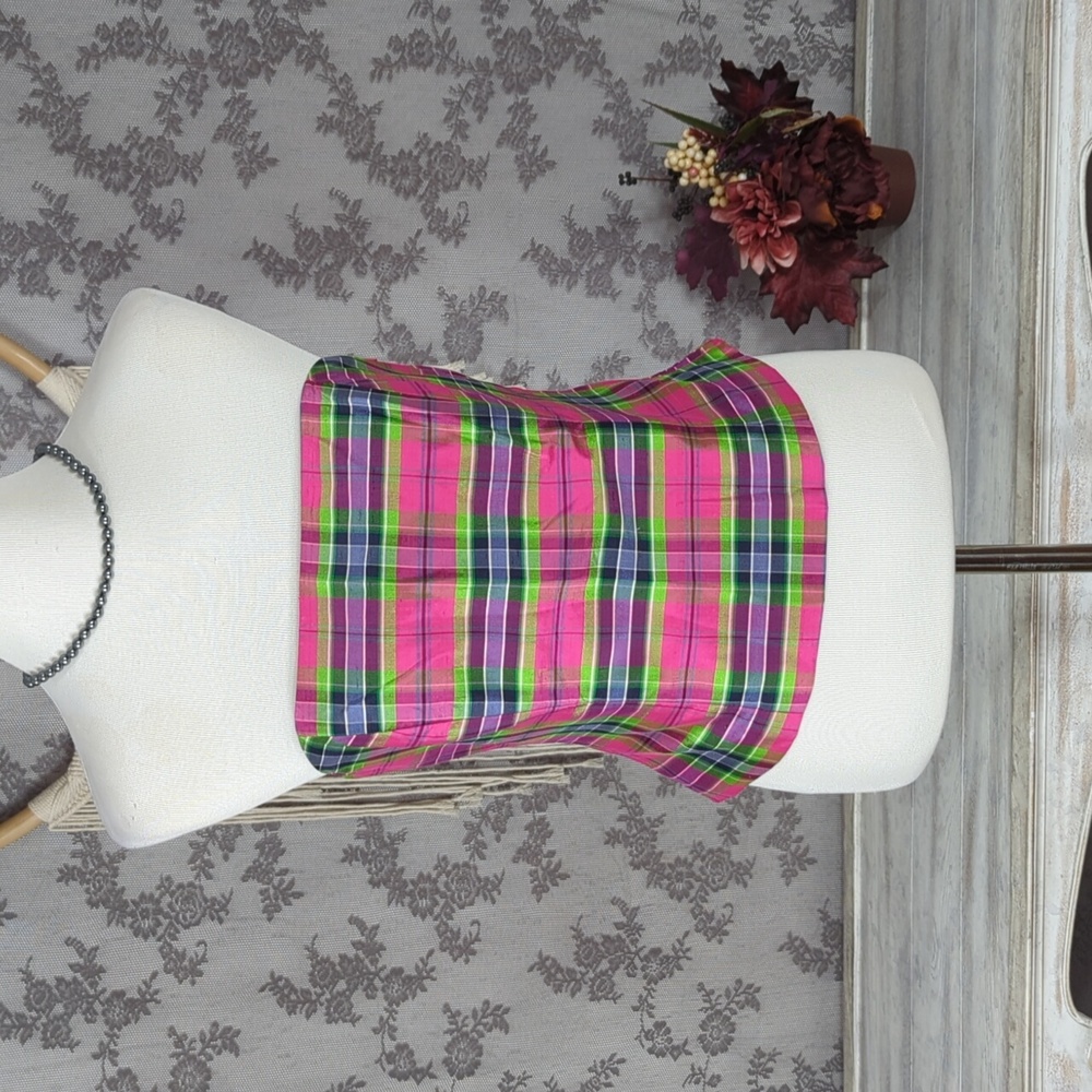 J McLaughlin pink and green plaid silk corset bodice tube top